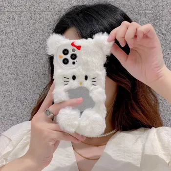 Merhaba Kış Kitty ile Peluş iPhone İçin Telefon Durumlarda 14 13 12 11 Max Pro Arka Kapak Ayna Sanrio 