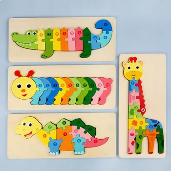 Bebek oyuncakları 3D Ahşap Bulmaca Montessori Oyuncaklar Hayvan Dinozor sayı bulmaca Erken Eğitim Oyunları İnşaat çocuklar için yap-boz