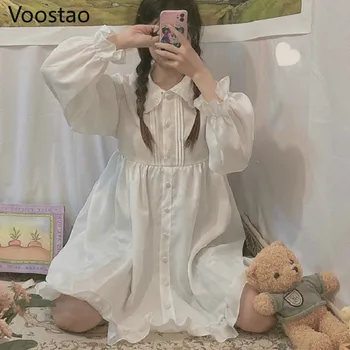Japon Tatlı Lolita Elbise Beyaz Melek Retro Peter Pan Yaka Ruffles Uzun Kollu Elbise Kız Victoria Gotik Günlük Elbiseler