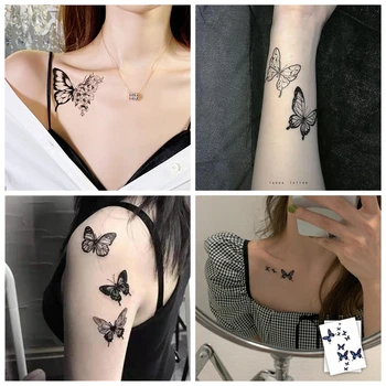 Siyah Suluboya Kelebek Su Geçirmez Geçici Dövme Kadın Sticker Seksi Moda Hattı Çiçek Kol Sahte Dövme Tatouage Efemere