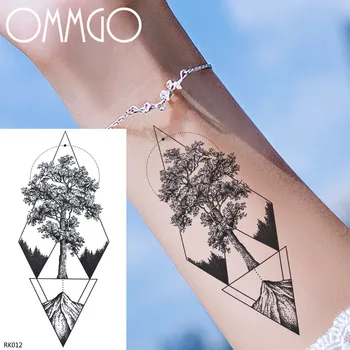 OMMGO Geometrik Eşkenar Dörtgen Çam Ağacı Geçici Dövme Çıkartmalar Siyah Üçgen Dağ Sahte Dövmeler Su Geçirmez Kol Dövmeler Vücut Sanatı