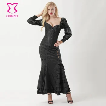 Siyah Puf Kollu Seksi Korseler Ve Bustiers Artı Boyutu Gotik Korse Etek Elbise Steampunk Elbiseler Victoria Burlesque Kostümleri