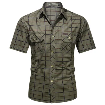 Askeri Ekose Gömlek Erkekler Yaz Casual Slim Elbise Kısa Kollu Artı Boyutu 5XL 100 % Saf Pamuk Ordu Çalışma Chemise Homme