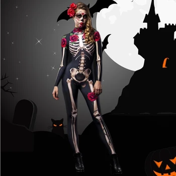 Kadın Cadılar Bayramı kostüm Rave Parti Seksi Bodysuit Şeytan Hayalet Kafatası Gül Bodysuit Yetişkin Kadın Masquerade Korku Giyim