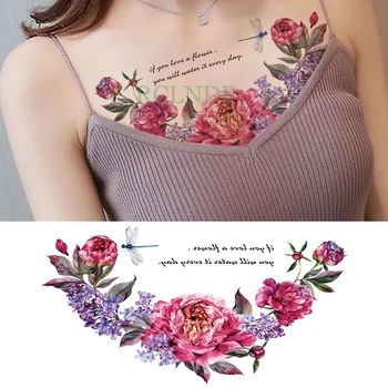 Su geçirmez Geçici Dövme Etiket Güzel Çiçek Pembe Sahte Dövme Büyük Boy Flaş Dövme Meme Göğüs Bel Kadınlar için Kız