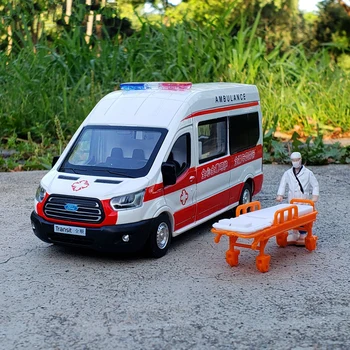 1: 34 FORD Transit Alaşım Ambulans araçlar Araba Modeli Diecast Metal Oyuncak yayın Araba Modeli simülasyon ses ve ışık çocuklar hediyeler