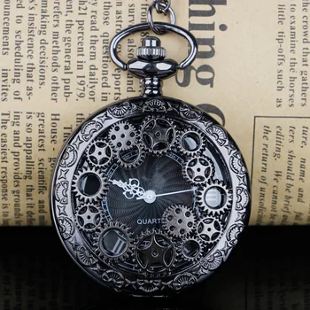Siyah Kuvars cep saati Serin Stil Dişli Hollow Tasarım Kolye Erkek Kadın Kolye Saatler Sıcak Satış cep saatler