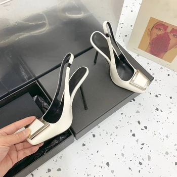 Tasarımcı Yaz Bayan Kadın Ayakkabı Beyaz Hakiki Deri Sivri Burun Strappy Slingback Yüksek Topuklu Sandalet Zapatos Mujer