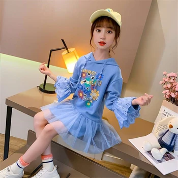 genç kız elbise Kapşonlu Bebek Çocuk Uzun kollu Kazak Elbiseler Kızlar için Karikatür Desen Baskı Elbise