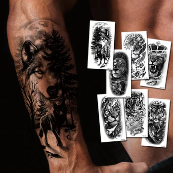 Orman Hayvan Geçici Dövme Etiket Siyah Aslan Kral Kurt Kaplan Erkekler Vücut Sanatı Boyama Dövme Sahte Su Transferi Seksi Kadın