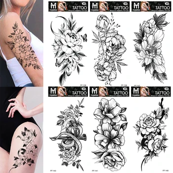 Seksi Siyah Çiçek Geçici Dövmeler Kadınlar İçin Uyluk Erkekler Kol Kol Gül Çiçek Gerçekçi Sahte 3D Dövmeler Önkol Dövme Çıkartmalar