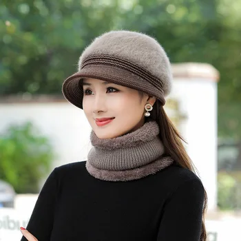 Marka Kadın Kış Şapka Açık Artı Kadife Sıcak Tutmak Yün Kasketleri Kap Eşarp Seti Kadınlar İçin Rahat Tavşan Kürk Örme Kova Şapka