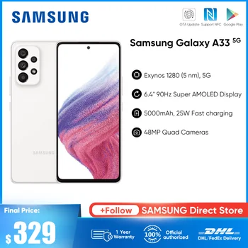 Orijinal Yeni Samsung Galaxy A33 5G Smartphone 90Hz Süper AMOLED Ekran Exynos 1280 Sekiz çekirdekli 5000mAh 25W Hızlı Şarj Telefon