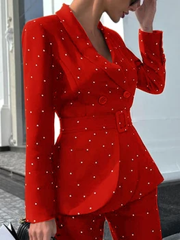 Kadın Sonbahar Polka Dot Blazer İş Pantolon Takım Elbise Ofis İnce Zarif Rahat Resmi Ceketler İki Adet Femme Moda Pantolon Takım Elbise