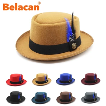 Moda Kadın Erkek Domuz Pasta Şapka Yün Düz Fedora Şapka Bayan Fötr Kapaklar Beyefendi Panama Caz Parti Tüy Geniş şapka erkekler İçin