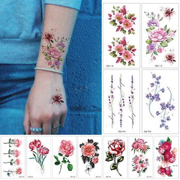 12 Adet / takım Su Geçirmez Geçici Dövme Çıkartmalar Renk Gül Çiçek Bitki Küçük Boy Dövme Lavanta Sahte Dövmeler Kadınlar için Çocuk