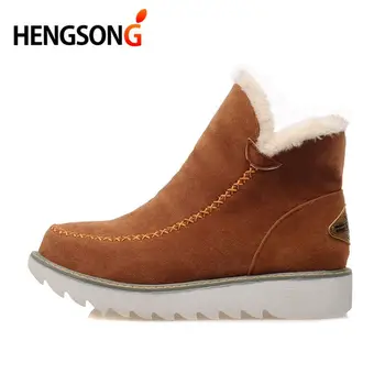 HENGSONG 2023 Sonbahar Kış Kadın Kar Botları Yuvarlak Ayak Bileği Sıcak Peluş Çizmeler Slip-on ayakkabılar Daireler Siyah Bej Kahverengi Boyutu 34-43
