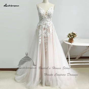 Lakshmigown Allık Pembe Tül Plaj düğün elbisesi Kadınlar için 2023 Payetli Dantel Vintage Gelin Boho Gelinlikler Spagetti Sapanlar