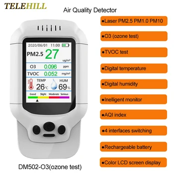 Taşınabilir Ozon Ölçer O3 Dedektörü Hava Kalitesi Dedektörü TVOC PM2. 5 Analizörü Sensörü Gaz Dedektörü PM1. 0 PM10 0-5ppm O3 Test Cihazı
