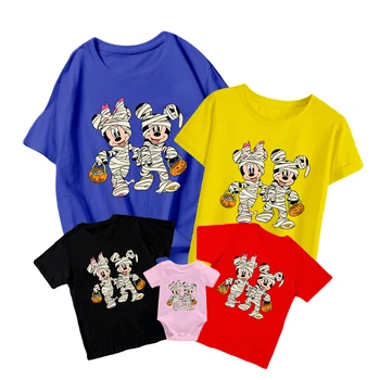 Disney Mickey Baskı T-Shirt Ebeveyn-Çocuk Giyim Cadılar Bayramı Yetişkin Unisex Moda Rahat Erkek Kız Rahat Yuvarlak Boyun Çok Yönlü