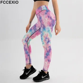 FCCEXIO 6 Renkler Kravat Boya 3D Baskı Kadınlar Seksi Yüksek Bel Esneklik Tayt Push Up Gücü Pantolon Yaz Spor Çalışma Pantolon
