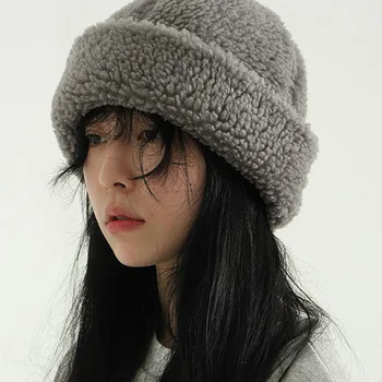 2022 Yeni Kore Ins Lambswool Kalınlaşmış Ev Sahibi Şapka Kadın Kış Düz Renk Soğuk bere Kadın Moda Sıcak Balıkçı Şapka