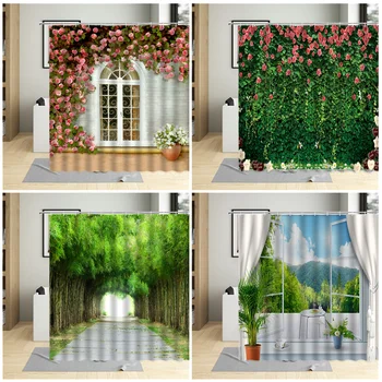 Yeşil Bahçe Botanik Baskı Duş Perdesi Banyo Dekor Su Geçirmez Polyester Dekoratif Duş Perdesi cortina de la ducha
