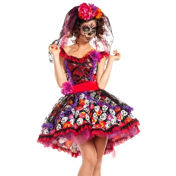 Meksika Ölü Korku Zombi Kafatası Kostüm Cadılar Bayramı Karnaval Parti Çiçek Peri Hayaletler Gelin Cosplay Elbise