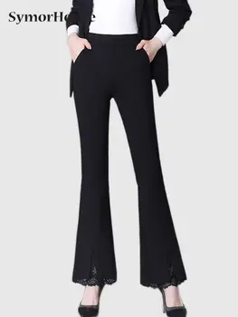 Ilkbahar Yaz Yeni Varış Flare Pantolon Kadınlar Yüksek Bel Elastik Dantel Dikiş Bölünmüş Pantolon Siyah Beyaz Ayak Bileği Uzunlukta Pantolon Kadın