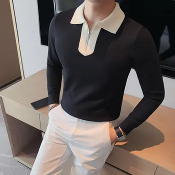 Sonbahar Kış Ekleme erkek Kazak Uzun Kollu Yaka polo gömlekler Casual Slim Örme Kazaklar İş Sosyal Triko Tops