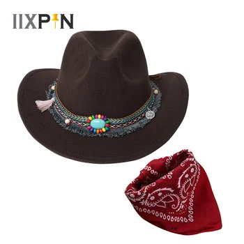 Yetişkinler Batı kovboy şapkası Etnik Şapka Otlak Kıvrılmış Yün Keçe Caz Şapka Cowgirl Bandana Cosplay Kostüm Mücevher Aksesuarları