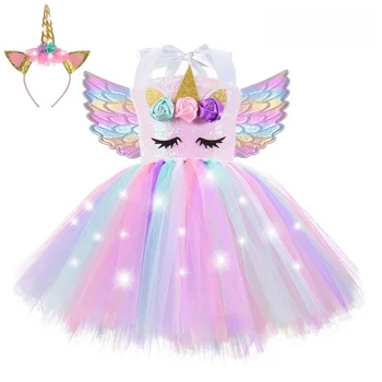 Kızlar noel Glow elbise Unicorn kostüm çocuklar pullu gökkuşağı doğum günü partisi LED ışıkları Tutu elbiseler prenses Cosplay kostümleri