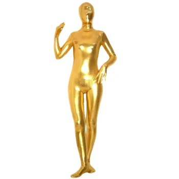 Altın metalik Spandex Bodysuit Likra parlak Catsuit seksi Unisex Zentai tam giyisi kostüm partisi ıslak bak tek parça Unitard