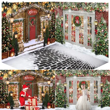 Yılbaşı Hediyeleri Mağaza Fotoğraf Arka Plan Bokeh Kar Noel Ağaçları Kış Fotoğraf Arka Planında Retro Tuğla Dükkanı Sokak Photoshoot