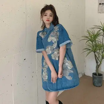 Yaz Çin Geleneksel Goldfish İşlemeli Denim Cheongsam Kadınlar için Moda Rahat Modern Kısa Qipao Elbise Tang Takım Elbise