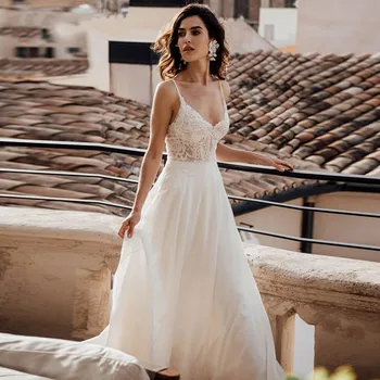 Kolsuz düğün elbisesi 2023 Plaj gelin kıyafeti Tül Dantel Aplikler düğün elbisesi es Beyaz / Fildişi Romantik Düğmeler