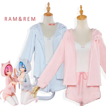 Re: Hayat gelen farklı bir dünya sıfır Cosplay Rem Ram Seksi Kedi Kulak Ver Kostüm Kadın Anime Yeniden sıfır Cosplay Pijama