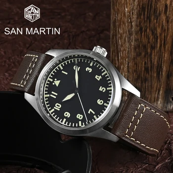 San Martin 39mm Pilot Askeri Erkekler İzle Safir Cam NH35A Otomatik Mekanik Paslanmaz Çelik Dalgıç Saatler Reloj de hombre