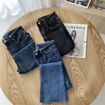 Rahat Yüksek Bel Flare Kot Kadınlar için 2021 Yaz Moda Mavi Kot Pantolon Kadın Pantolon Ayak Bileği Uzunlukta Pantolon
