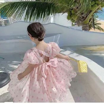 Yeni Kızlar Yaz Prenses Elbise Dış Giyim Çocuk Giyim Polka Dot Tutu Puf Kollu Yay Akşam Vestidos Bebek Çocuk Giysileri