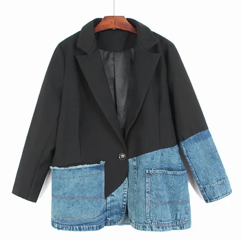 SuperAen Moda Elbise Ceket Kadın Sonbahar ve Kış Tasarım Denim Düzensiz Dikiş Gevşek Rahat Ceket Ceket