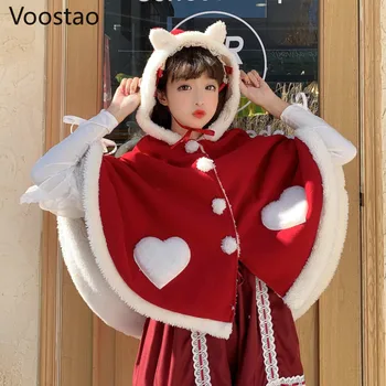 Sonbahar Kış Japon Yumuşak Kız Tatlı Lolita Pelerin Kedi Kulak Kapşonlu Yün Karışımları Sıcak Palto Kadınlar Sevimli Yarasa Kollu Prenses Tops