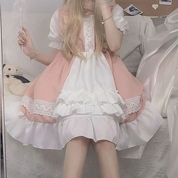 Kawaii Lolita Pembe Elbise Japon Harajuku Goth Puf Kollu Fırfır dantel-up Yumuşak Kızlar Gotik Doğum Günü Partisi Hizmetçi Elbise 2021 Yeni