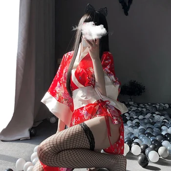 Japon Kimono Seksi Cosplay Kıyafet Kadınlar için Geleneksel Tarzı Elbise Yukata Kostümleri Pijama Yumuşak İpek Kemer 3 adet Set Siyah Kırmızı