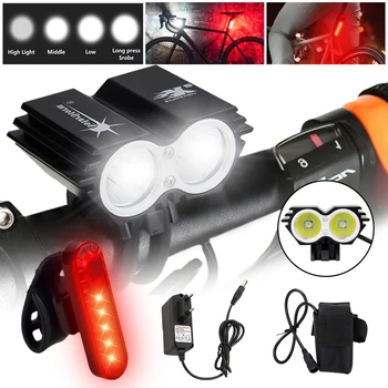 Siyah bisiklet lambası 2 x T6 LED bisiklet ışık ön bisiklet Far Torch + 6400 mAh şarj edilebilir pil paketi + şarj