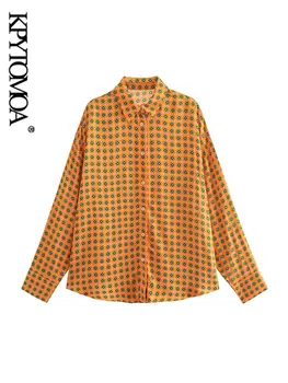 KPYTOMOA Kadın Moda Geometrik Baskı Gevşek Bluzlar Vintage Uzun Kollu Ön Düğme Kadın Gömlek Blusas Chic Tops