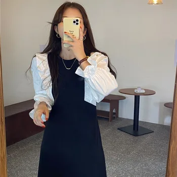 Vintage O Boyun Kontrast Renk Ruffled Dikiş Sahte İki Parçalı Elbise Güz 2021 Yeni Kore Tek Parça Kadın Alevlendi Kollu Elbise