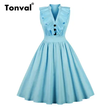Tonval Retro Fırfır V Boyun Seksi Elbise Pilili Yüksek Bel Parti Zarif Düğme Gömlek Elbise Kadınlar Mavi Vintage Elbise