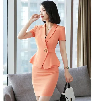 Yeni 2022 Turuncu Pembe Blazer Kadın iş elbisesi Resmi Ofis Takım Elbise İş Elbisesi Üniforma Bayanlar Etek ve Ceket Setleri