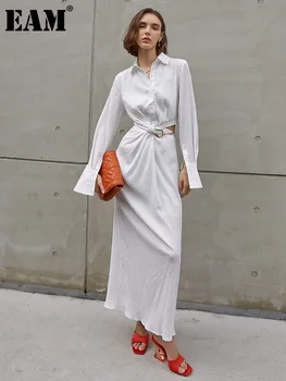 [EEM] Kadınlar Hollow Out Pileli Düzensiz Uzun Zarif Elbise Yeni Yaka Uzun Kollu Gevşek Fit Moda İlkbahar Sonbahar 2023 1DE9352